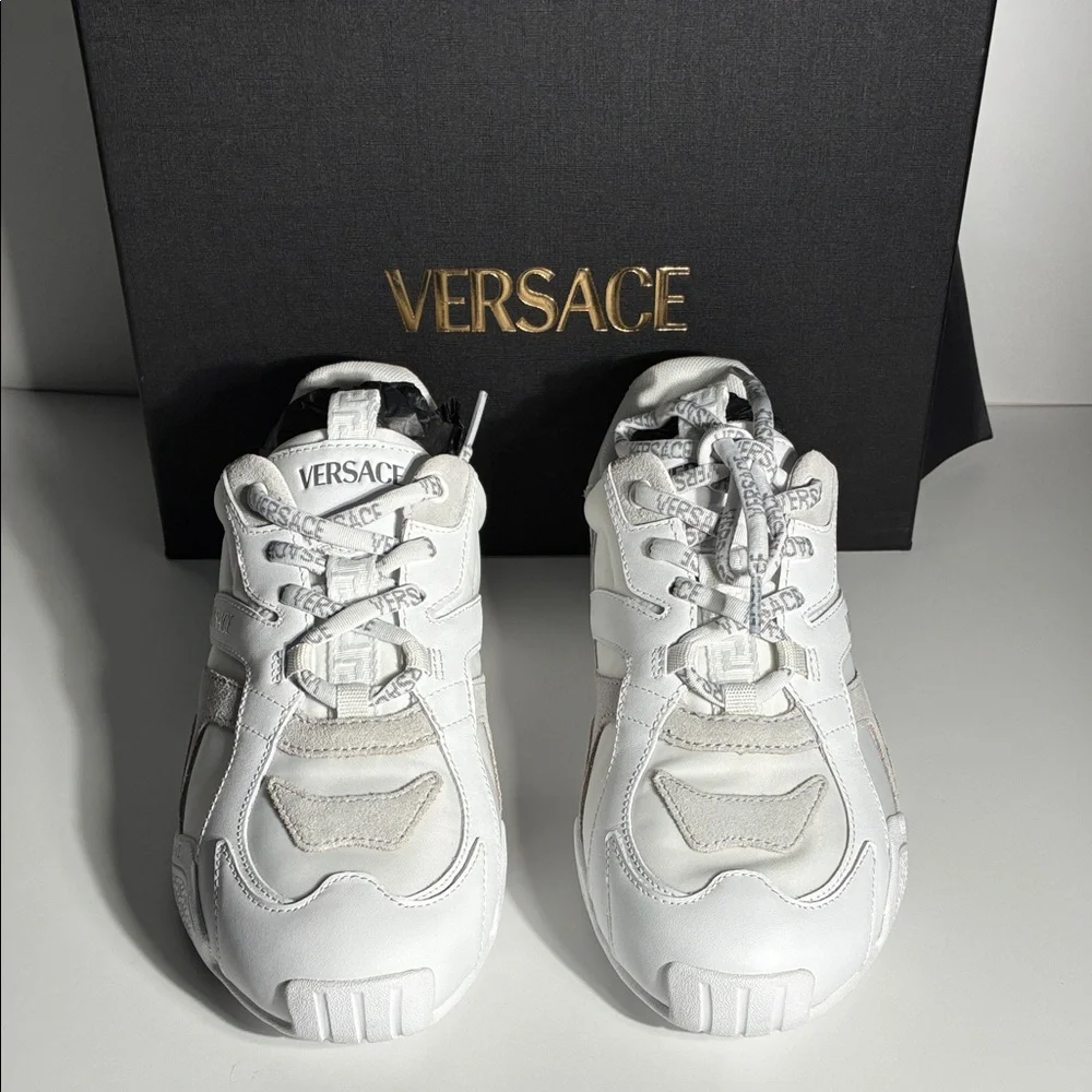 New Authentic Galaxia suede-trimmed leather Versace White Logo-Trim Sneakers